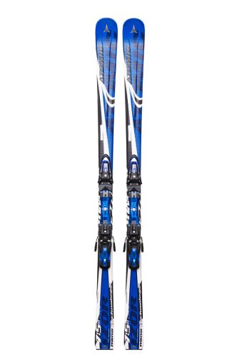 Ljubljana, Slovenia - March 1, 2008: A pair of Atomic skis, model Atomic Izor 7:5 (2007), lenght 168 cm, isolated on white with clipping path. Company Atomic Austria GmbH which produces ski equipment is located in Altenmarkt, Austria.